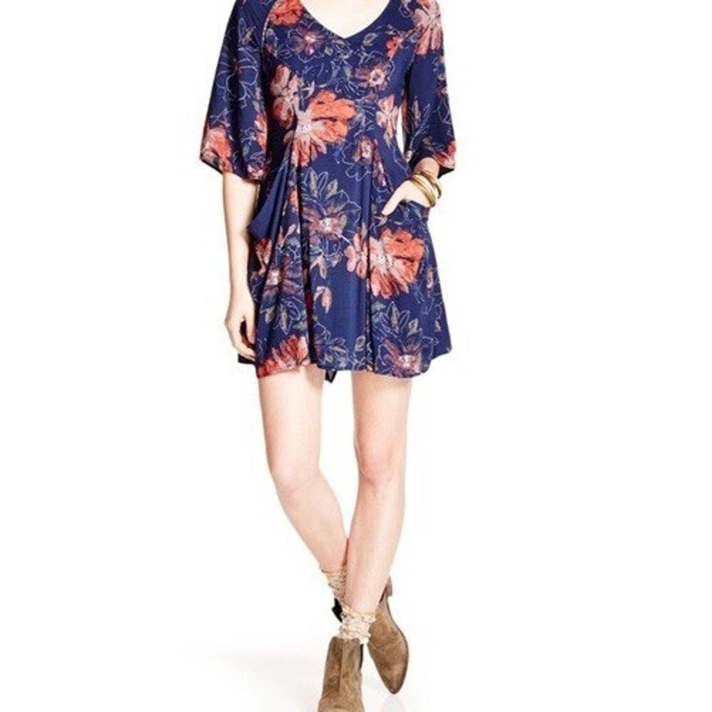 Free People All Eyes On You Floral Mini Dress Women 4 L/S Blue Red Hi Lo Boho